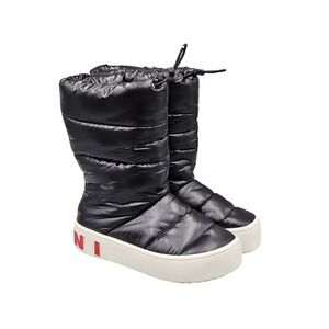 Marni Women's Size 10 US Paw Black Nylon Quilted Puffer Platform Low Moon Boots